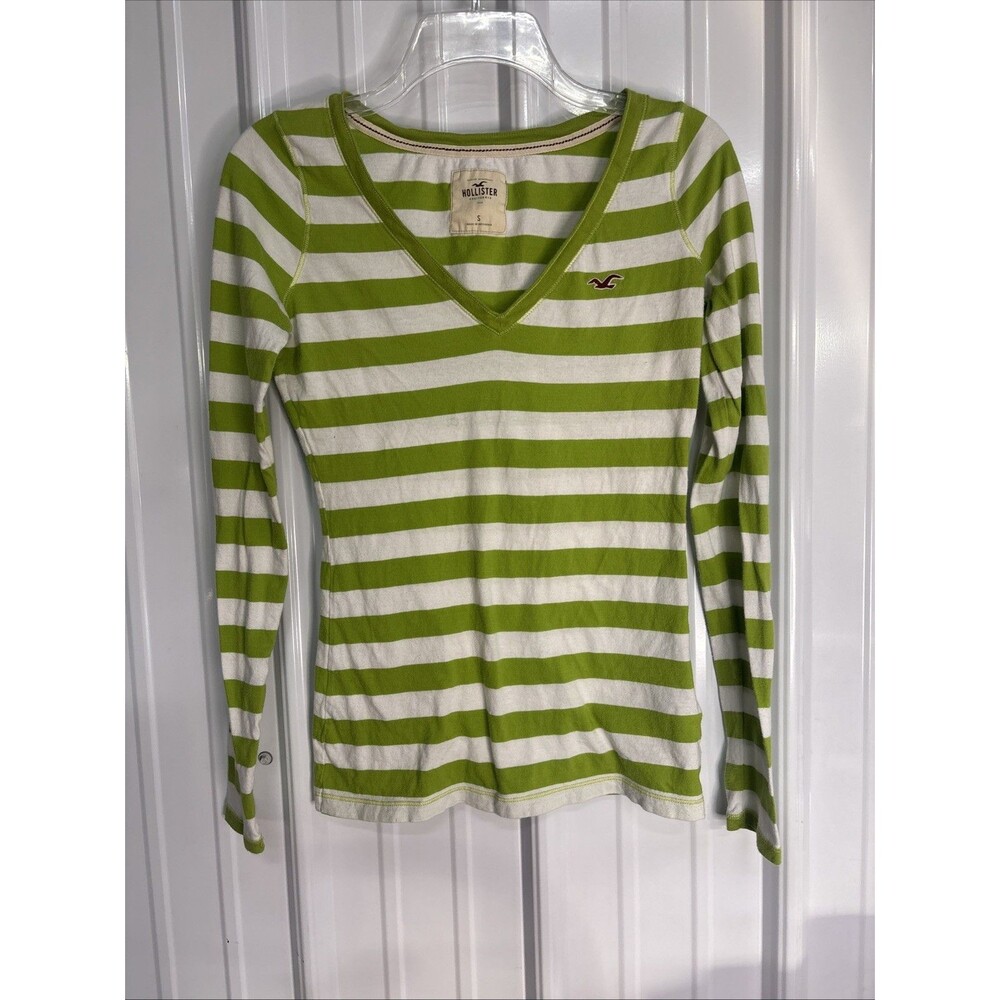 Y2k Hollister Lime Green And White Striped Ling Sleeve V Neck Size Small